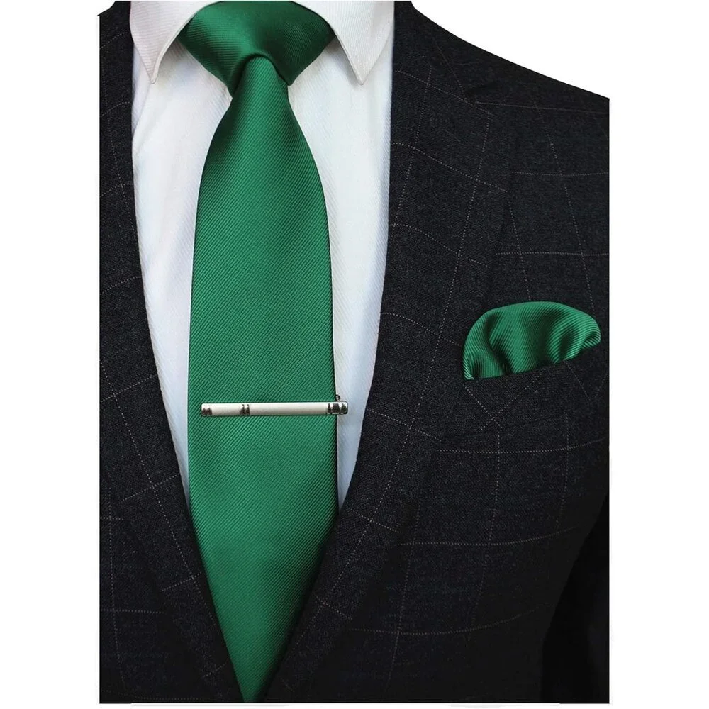 Men's Green Solid Color Formal Necktie And Pocket Square Tie Clip Sets